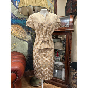 Women's Isabella Gold & White Patterned Pantsuit, Size 10